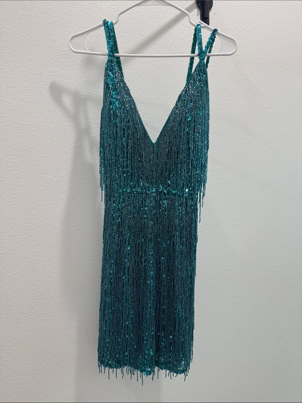 Teal Sequin Fringe V-Neck Mini Dress - Picture 2 of 5